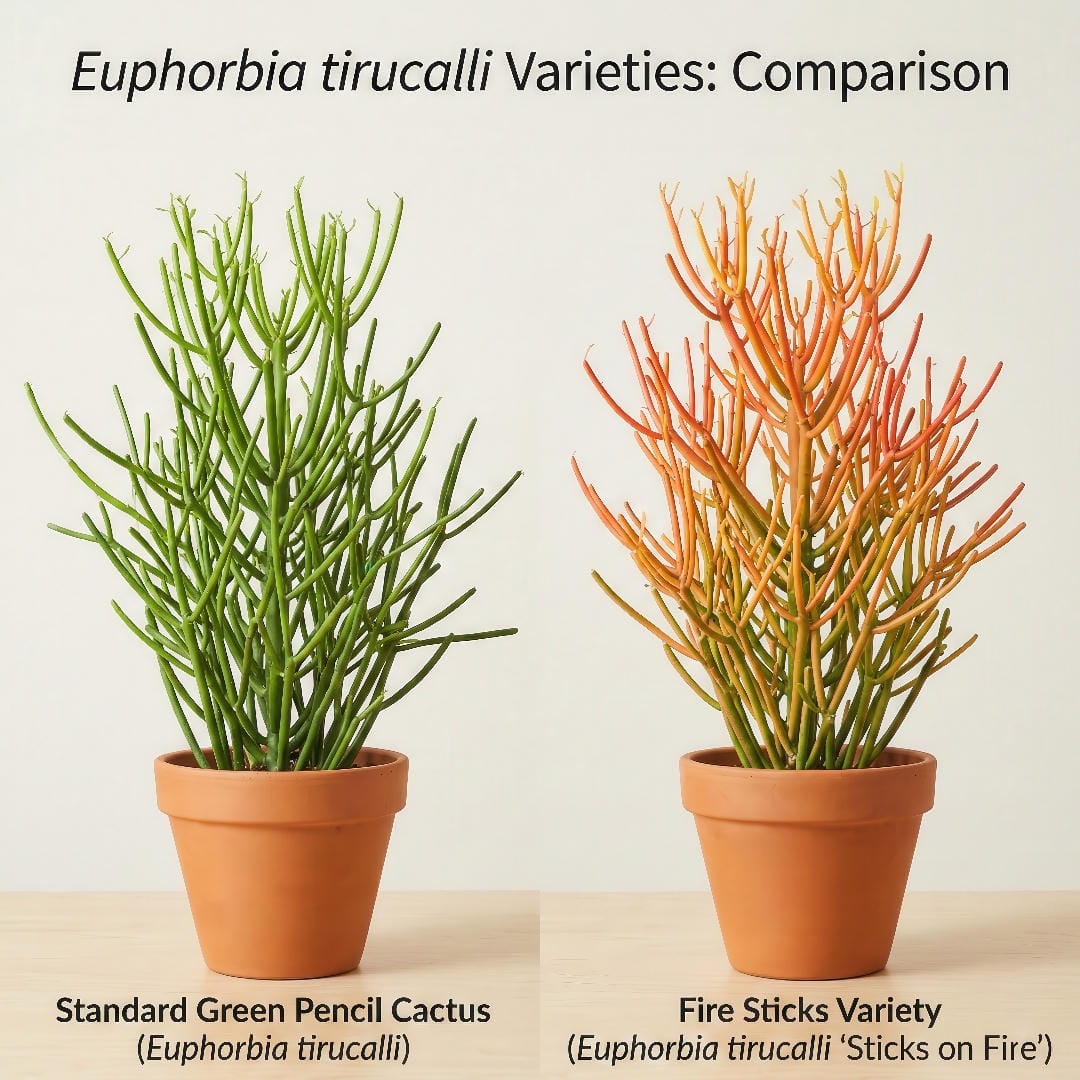 Side-by-side comparison of the standard green Euphorbia tirucalli and the vivid orange-red Fire Sticks variety showing the dramatic color difference between the two forms with both having the same cylindrical branching stem structure