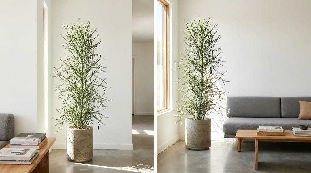 Split comparison showing a healthy Pencil Cactus with firm vibrant green cylindrical stems on the left and a stressed plant with soft yellowing mushy stems and sparse leggy growth on the right