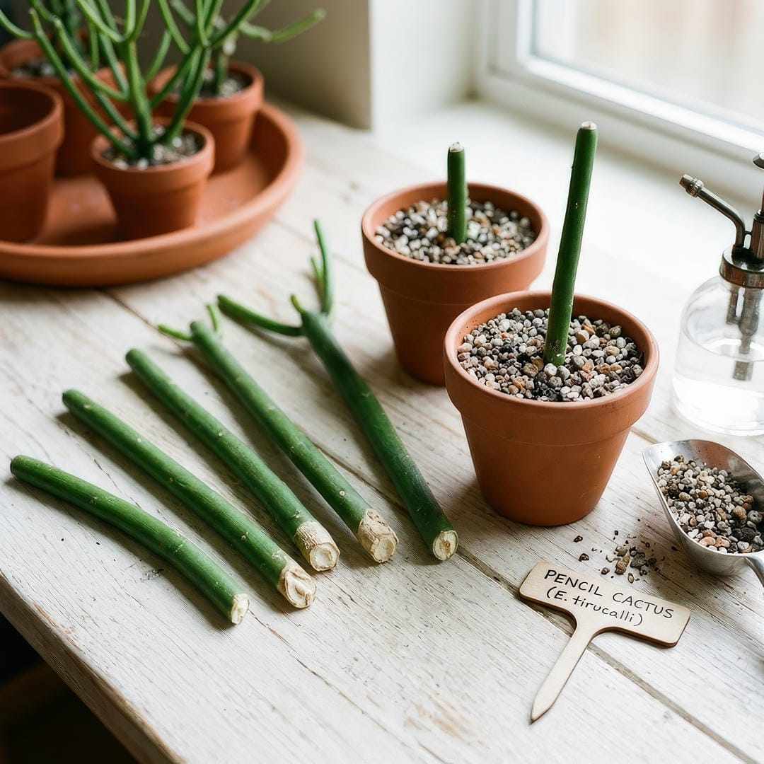 Several Pencil Cactus stem cuttings with smooth cylindrical green stems laid out on a clean surface beside small pots of gritty succulent soil with some cuttings showing dried callused cut ends ready for planting