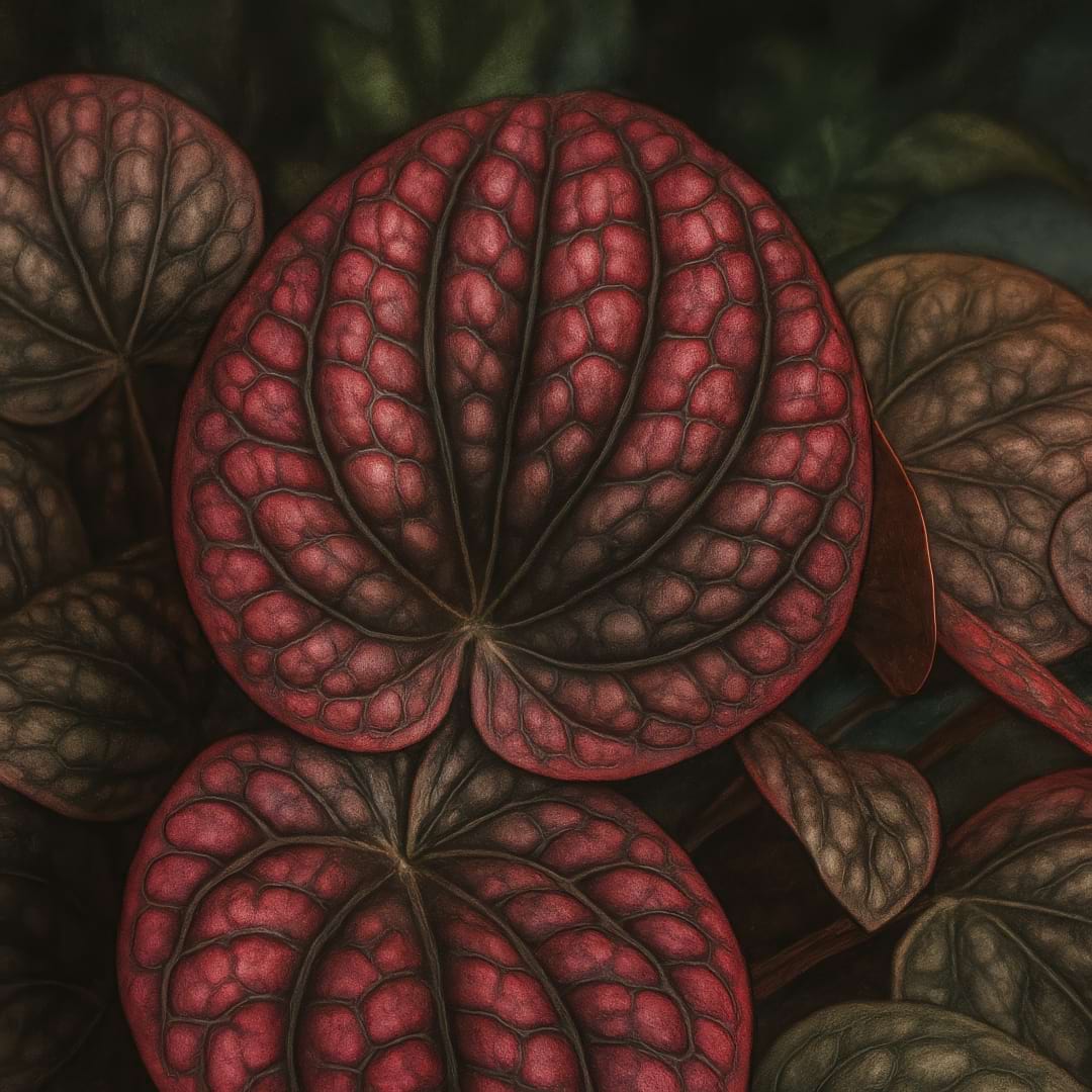 A detailed close-up of the deep red, textured leaves of a Peperomia caperata 'Burgundy' variety.