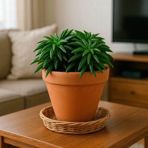 A compact Peperomia Green Bean plant thriving in a classic terracotta pot.