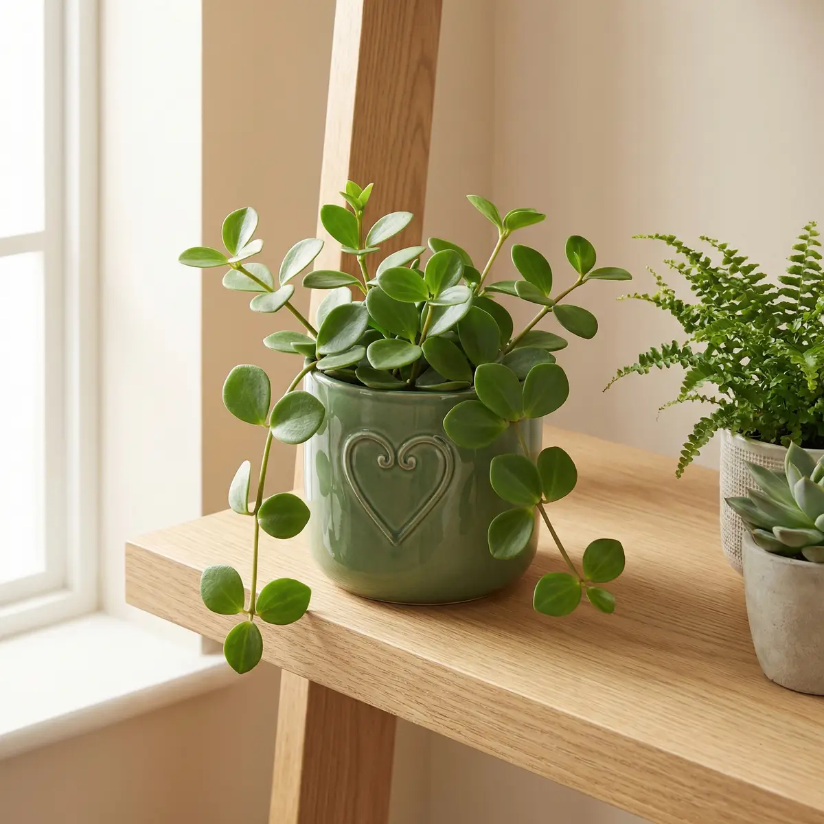 Peperomia Hope styled in a bright living space alongside other peperomias, with trailing stems spilling over a wooden shelf.