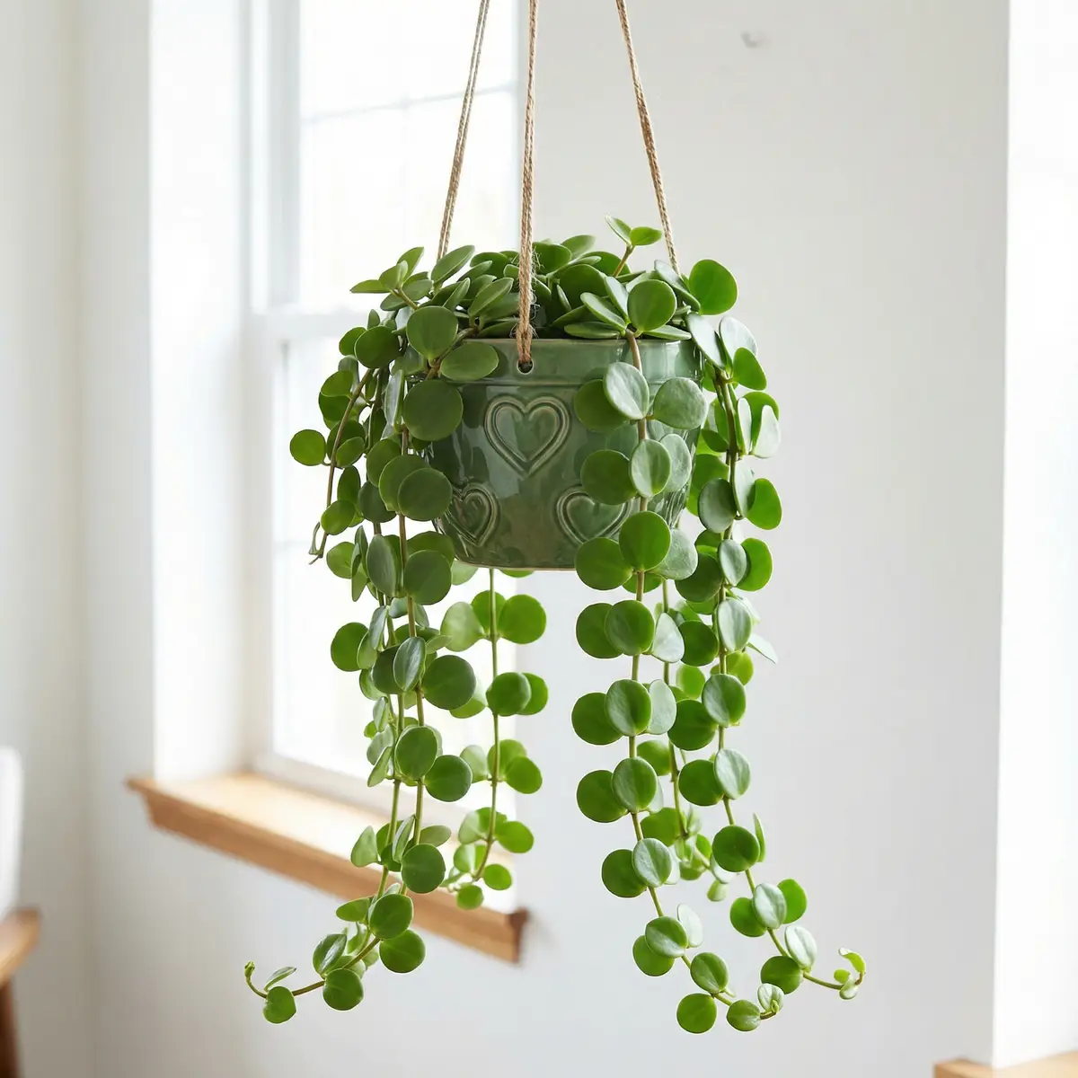 Peperomia Hope in a hanging basket with long trailing stems and round glossy leaves cascading downward in a bright indoor space.