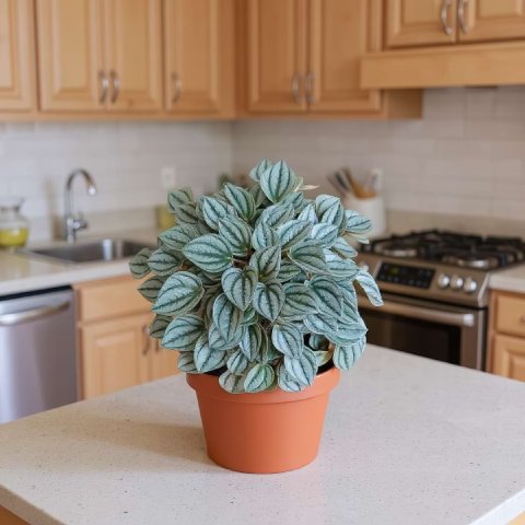A healthy Peperomia Napoli Nights in a terracotta pot on a kitchen counter.