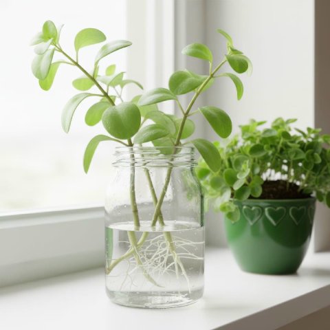 Stem cuttings from a Peperomia Orba rooting in a glass of water.