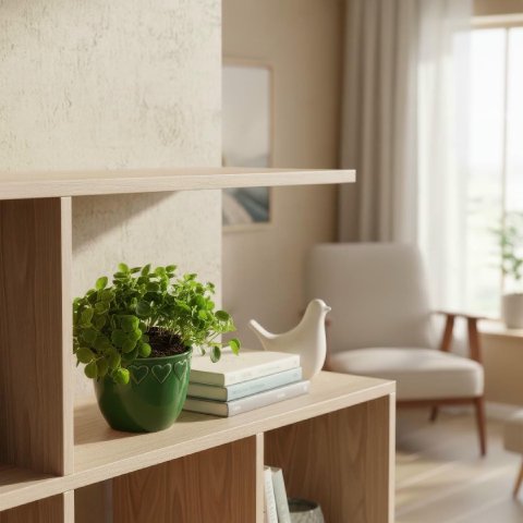 A vibrant green Peperomia Orba sitting on a brightly lit wooden bookshelf.