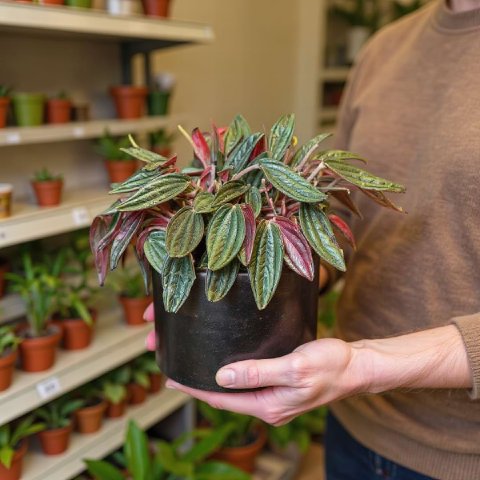 A person holding a healthy Peperomia Rosso in a simple black pot, showcasing its dense, bicolored foliage.