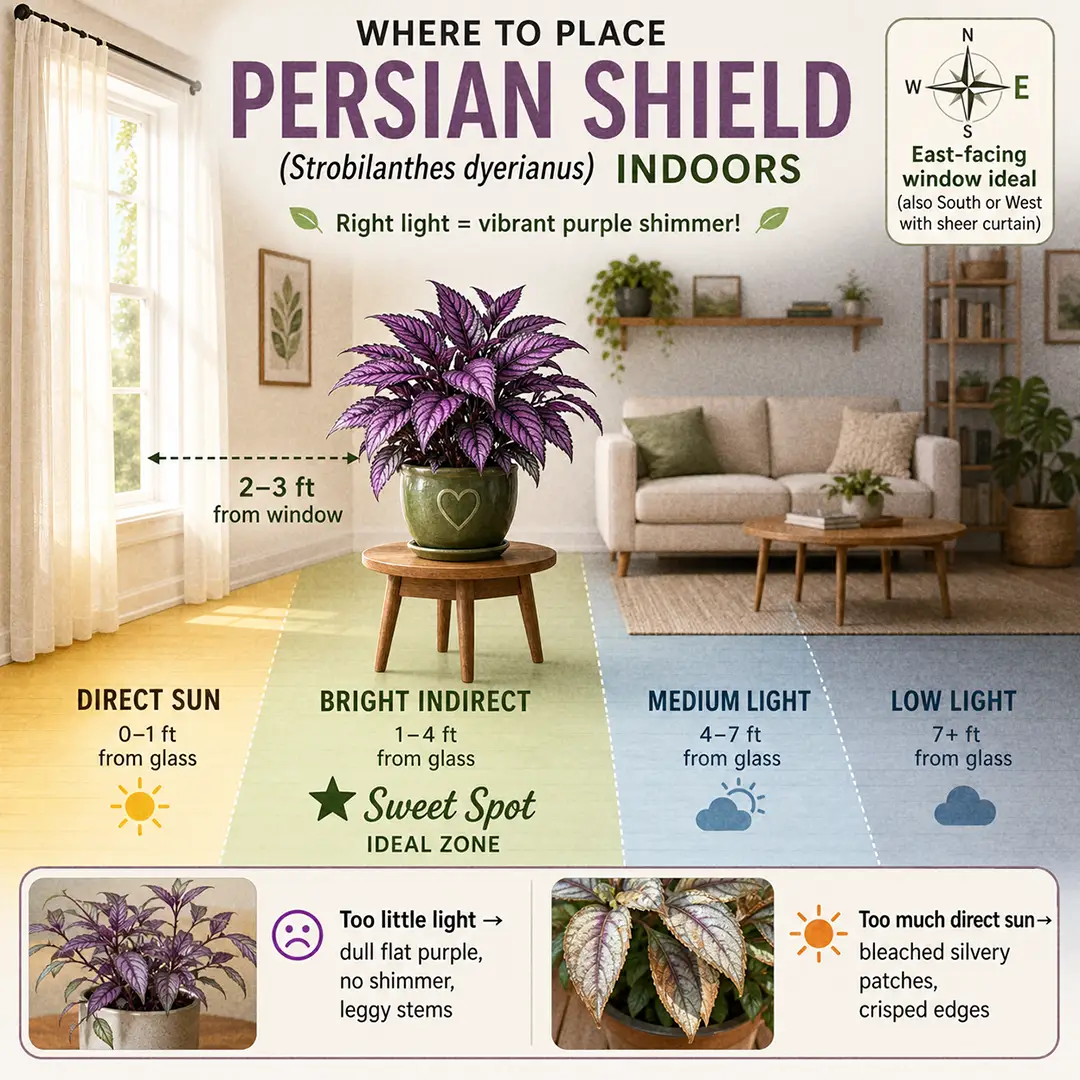 Illustrated light guide showing a Persian Shield plant's ideal placement near an east-facing window with labeled light zones, distance markers, and a green ceramic pot with a heart motif in the bright indirect zone