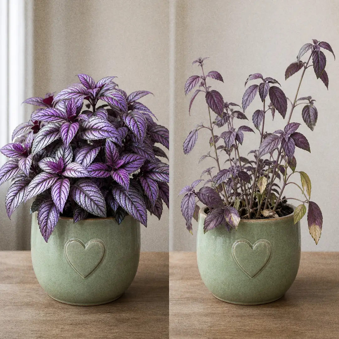 A side-by-side comparison shot of a healthy Persian Shield with bright iridescent leaves next to a stressed Persian Shield with faded purple leaves and drooping stems, both in green ceramic pots with heart motifs