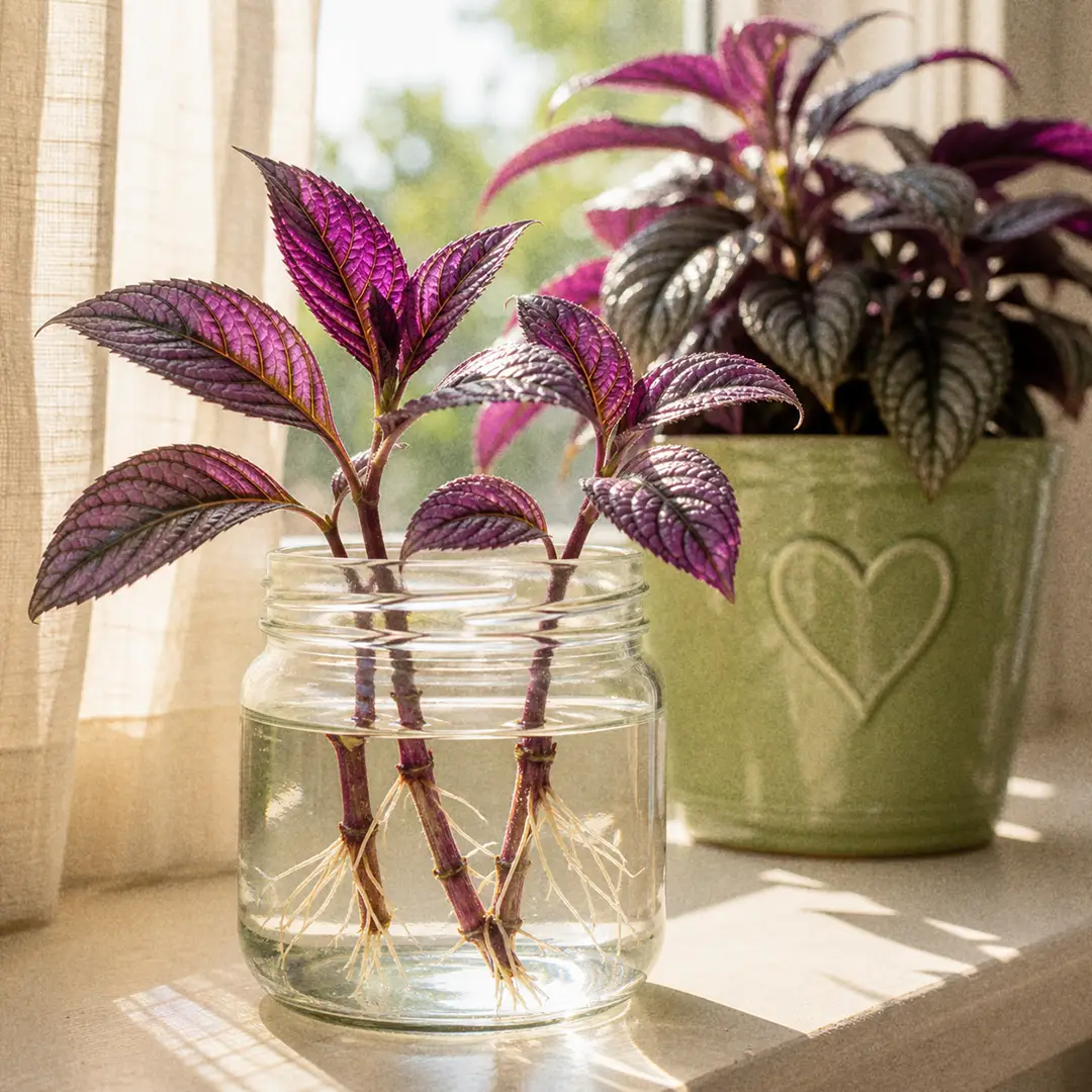 A Persian Shield stem cutting rooting in a clear glass jar of water on a sunny windowsill with visible white roots emerging from the leaf nodes and a green ceramic pot with a heart motif of the parent plant in the background