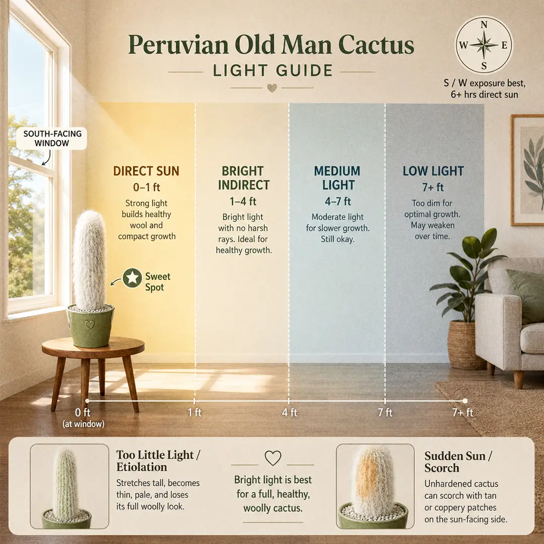 A square labeled light-zone diagram showing a Peruvian Old Man Cactus placed in the sweet spot one foot from a south-facing window, with sweet-spot, too-dark, and too-bright zones color-washed across the floor, a compass marker noting the south exposure, and small icons warning about thin sparse wool in low light and a coppery scorch on the sun-facing side in unhardened plants