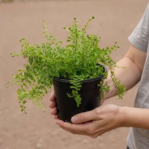 Hands gently holding a small, young Petticoat Fern, ready for potting
