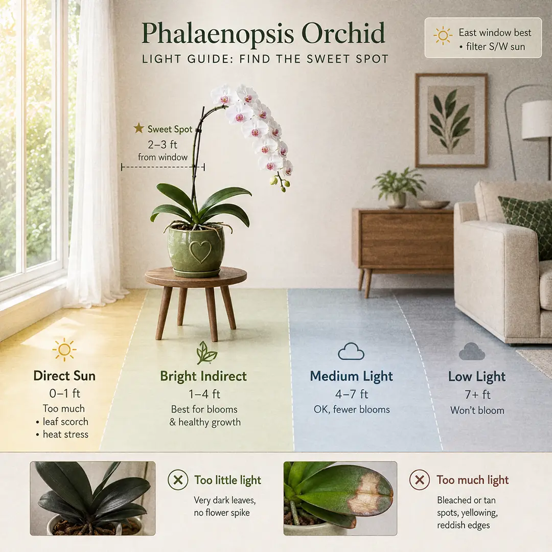 A labeled light placement diagram for a Phalaenopsis Orchid showing an east-facing window, color-washed light zones from direct sun through bright indirect to low light, and the orchid in a green ceramic pot with a heart motif marked in its sweet spot two to three feet from the glass
