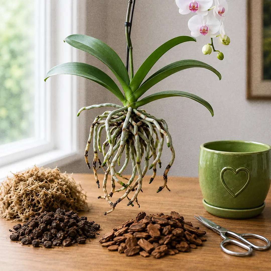 A bare-rooted Phalaenopsis Orchid held above a pile of fresh fir bark chips, showing thick silvery velamen-covered roots with bright green growing tips, beside a green ceramic pot with a heart motif