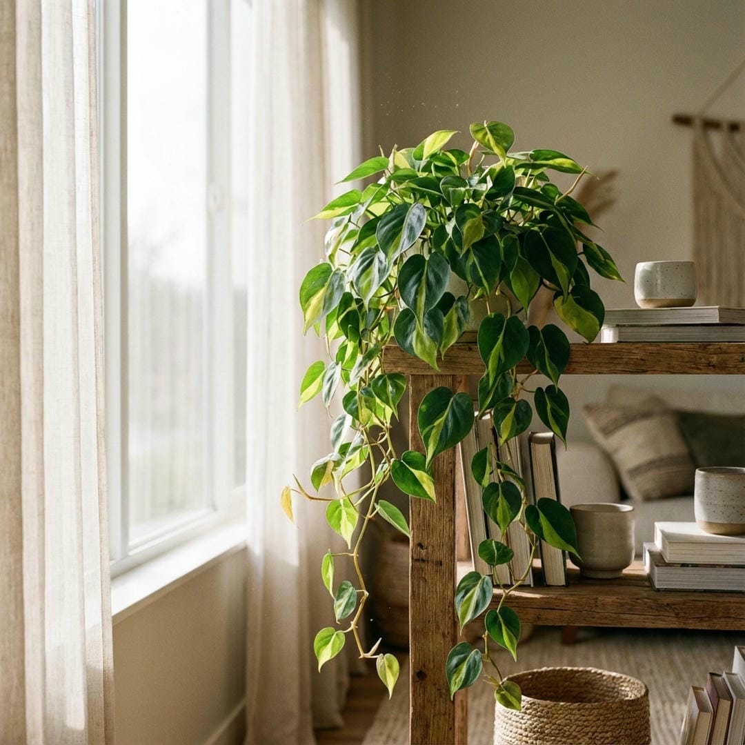 A healthy Philodendron Brasil sitting on a shelf receiving bright indirect light from a nearby window