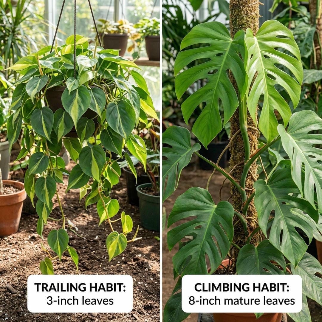 Comparison of Philodendron Brasil growing as a trailer versus a climber on a moss pole