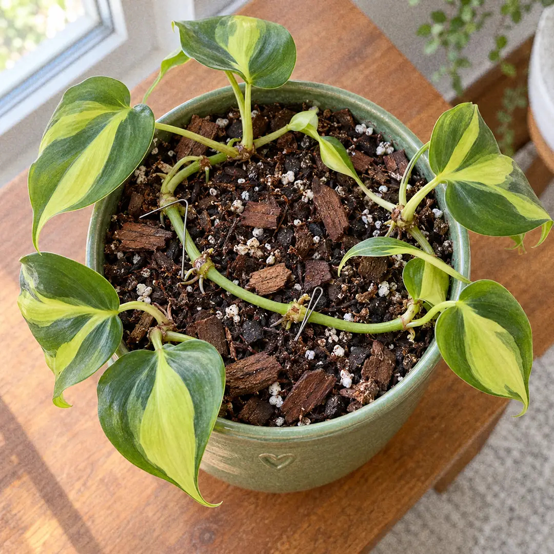 Top-down view of a Philodendron Brasil in a green ceramic pot with a heart motif, with a long variegated vine looped back across the soil surface and two nodes held against the soil with bobby pins, several rooted cuttings planted around the rim, on a wooden table near a bright window