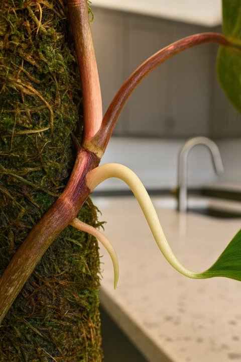 A detailed shot of the aerial roots of a Philodendron Florida Beauty x Tortum actively growing into the surface of a damp moss pole.