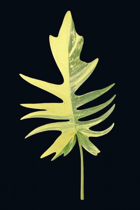 An extreme close-up of a variegated Florida Beauty x Tortum leaf, highlighting its delicate, deeply cut lobes.