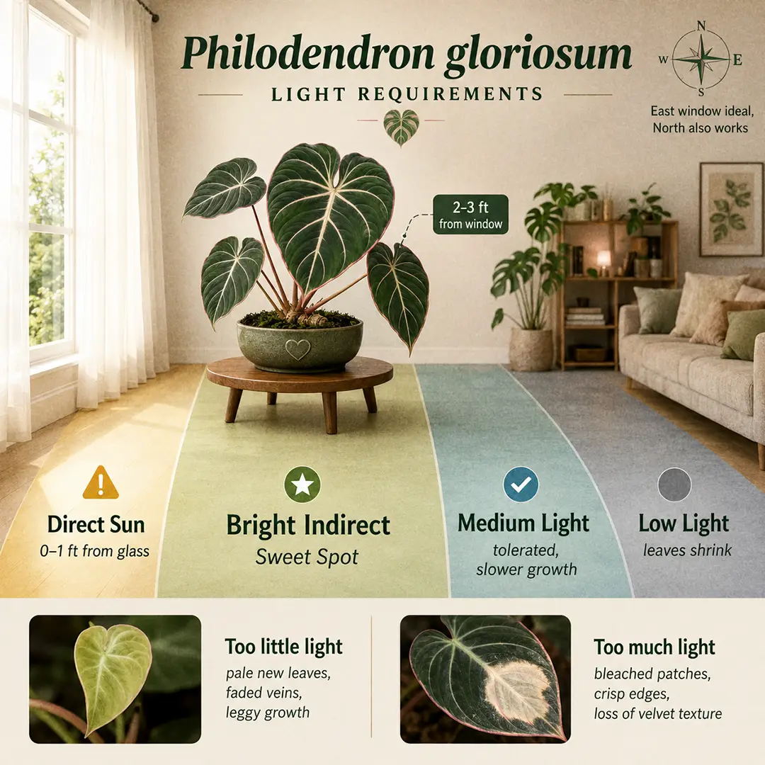 An educational light placement diagram for Philodendron Gloriosum showing a cross-section of a bright room with labeled light zones and the plant positioned in its bright indirect sweet spot two to four feet from an east-facing window