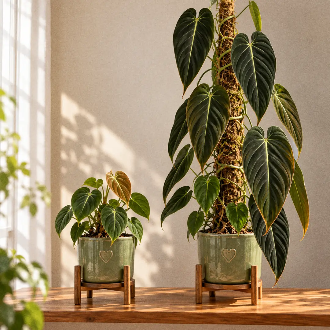 A side-by-side comparison of a small juvenile Philodendron Melanochrysum with short rounded heart-shaped leaves and a mature climbing plant on a moss pole with long, narrow near-black velvet leaves, both in green ceramic pots with heart motifs on a wooden shelf