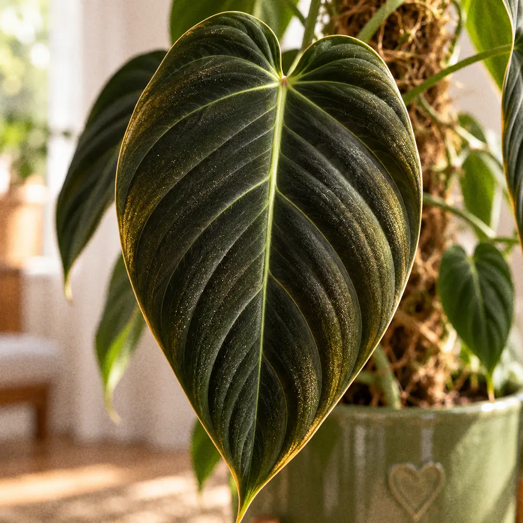 A macro close-up of a mature Philodendron Melanochrysum leaf filling the frame, showing the dark near-black velvet surface, pale green veins, and tiny golden sparkles catching side light from a window