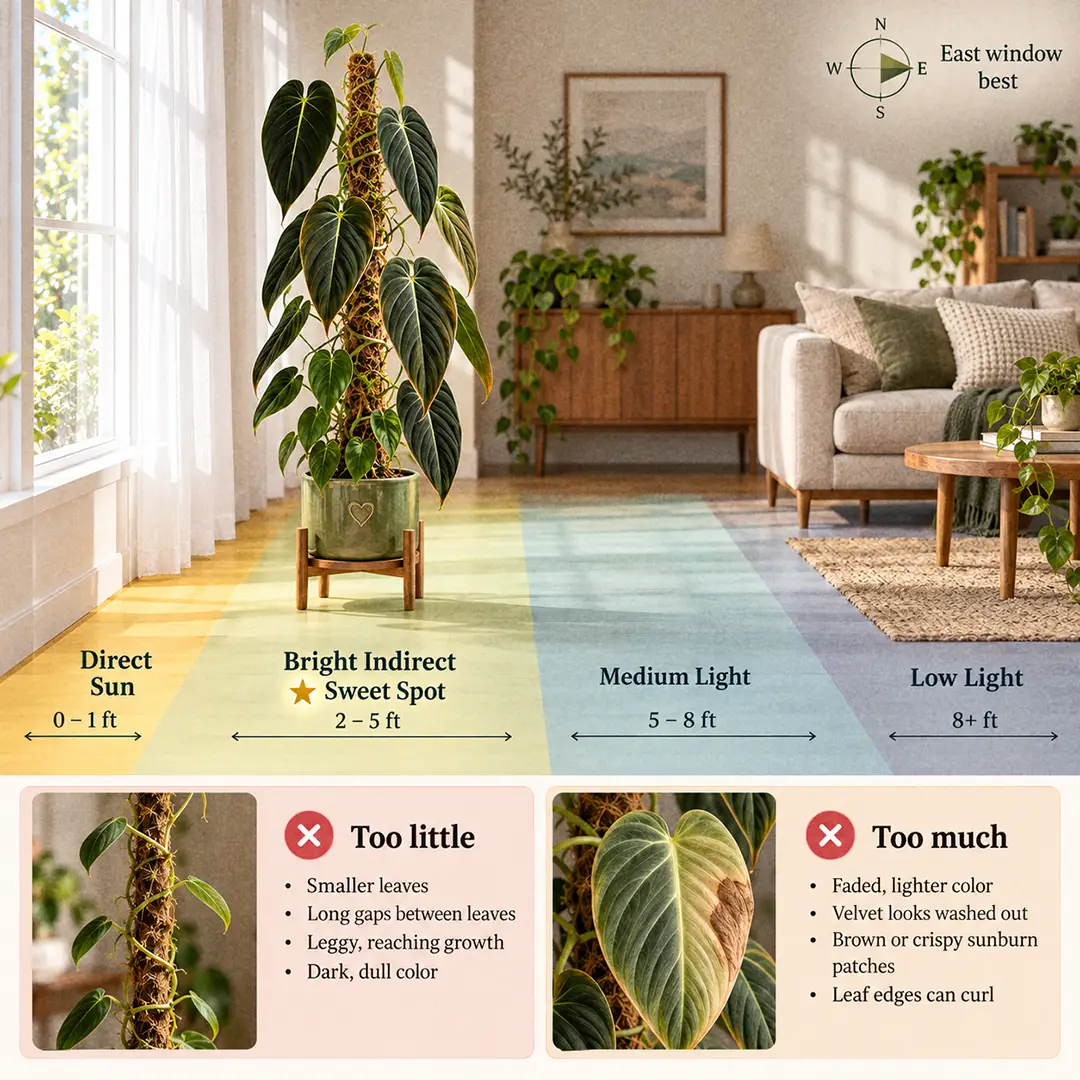 A labeled light guide diagram showing where to place a Philodendron Melanochrysum indoors relative to an east-facing window, with direct sun, bright indirect, medium and low light zones marked and the sweet spot two to five feet from the glass