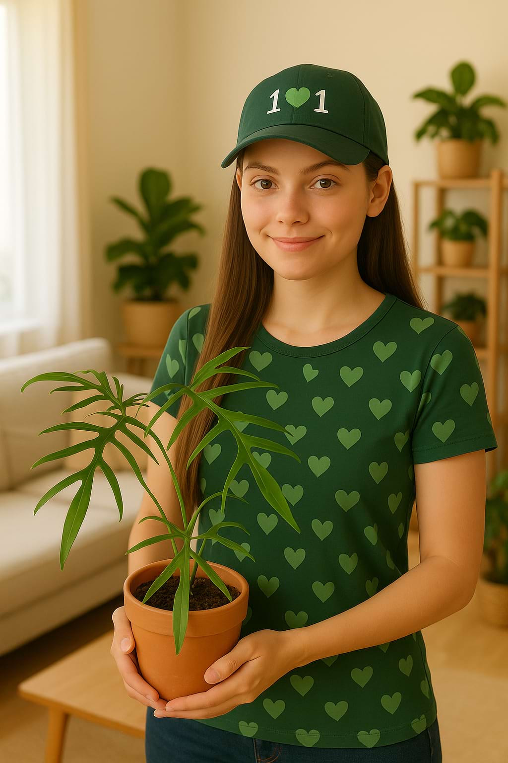 A woman holding a young Philodendron polypodioides in a terracotta pot, showcasing its fern-like leaves.