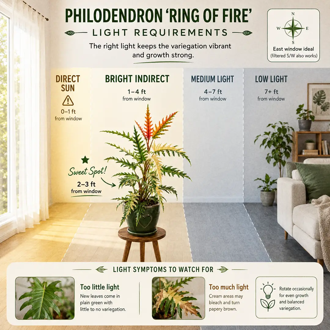 An infographic style light placement diagram for Philodendron Ring of Fire showing a living room cross section with a curtained window on the left, color coded light zones labeled direct sun, bright indirect, medium light and low light, and the plant in a green ceramic pot with a heart motif marked as the sweet spot two to three feet from the window