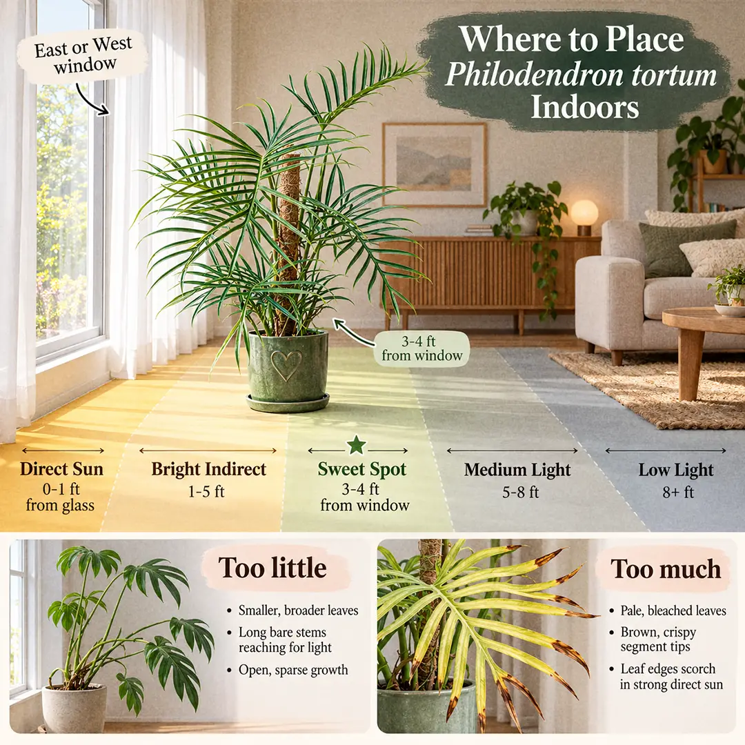 A labeled light guide diagram showing where to place a Philodendron Tortum indoors, with direct sun, bright indirect, medium and low light zones marked from an east-facing window and the plant on a moss pole in its sweet spot about 3 to 4 feet from the glass
