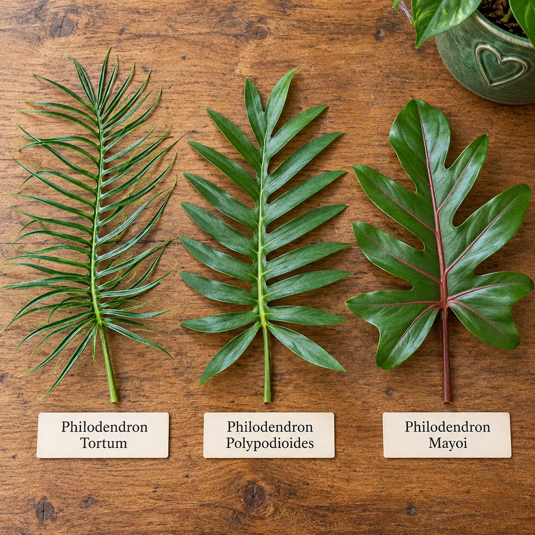 Three single leaves laid side by side on a wooden surface for comparison: a Philodendron Tortum leaf with very thin finger-like segments, a Philodendron Polypodioides leaf with wider, flatter fern-like segments, and a Philodendron Mayoi leaf with broad palm-like lobes and reddish veins, next to a green ceramic pot with a heart motif