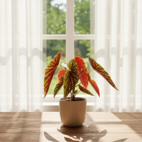A Polka Dot Begonia sitting near a window with bright, filtered light