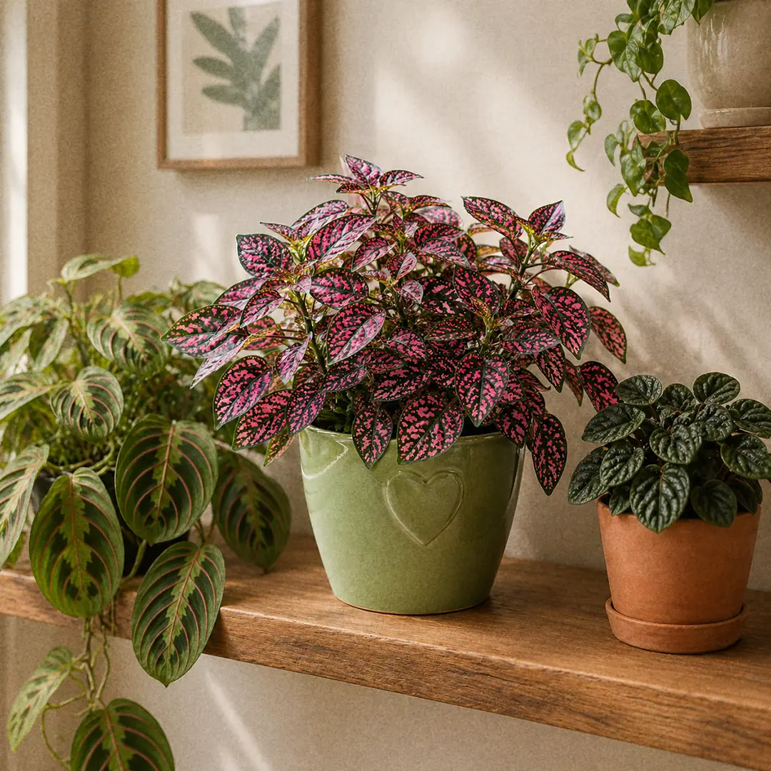 A styled indoor shelf with a vivid pink Polka Dot Plant in a green ceramic pot with a heart motif as the focal point, flanked by a trailing Maranta and a small dark-leaved Peperomia, warm wooden shelf, soft window light from the side