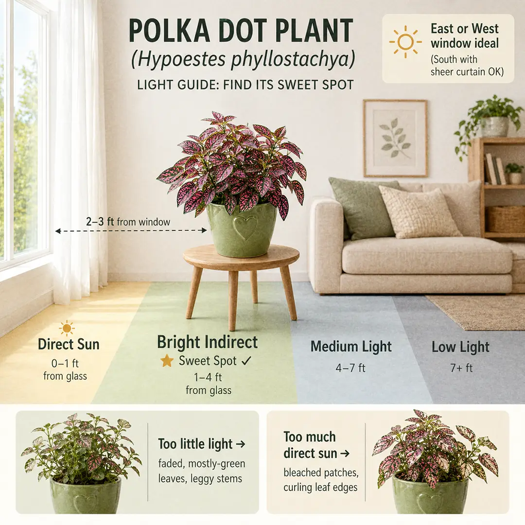 Illustrated light guide showing a Polka Dot Plant's ideal position 2-3 feet from an east-facing window with labeled light zones, distance markers, and a green ceramic pot with a heart motif in the bright indirect zone