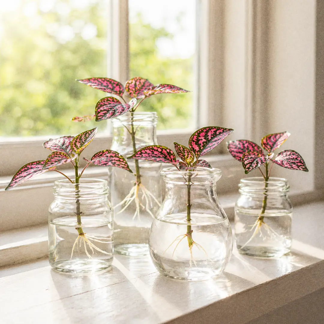 Several Polka Dot Plant stem cuttings in small glass jars of water on a bright windowsill, showing visible white root development at the nodes after approximately two weeks, morning light filtering in