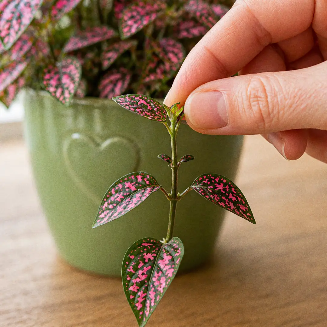 Close-up of fingers pinching the growing tip of a Polka Dot Plant stem just above a leaf node, plant in a green ceramic pot with a heart motif on a wooden surface, bright indirect light