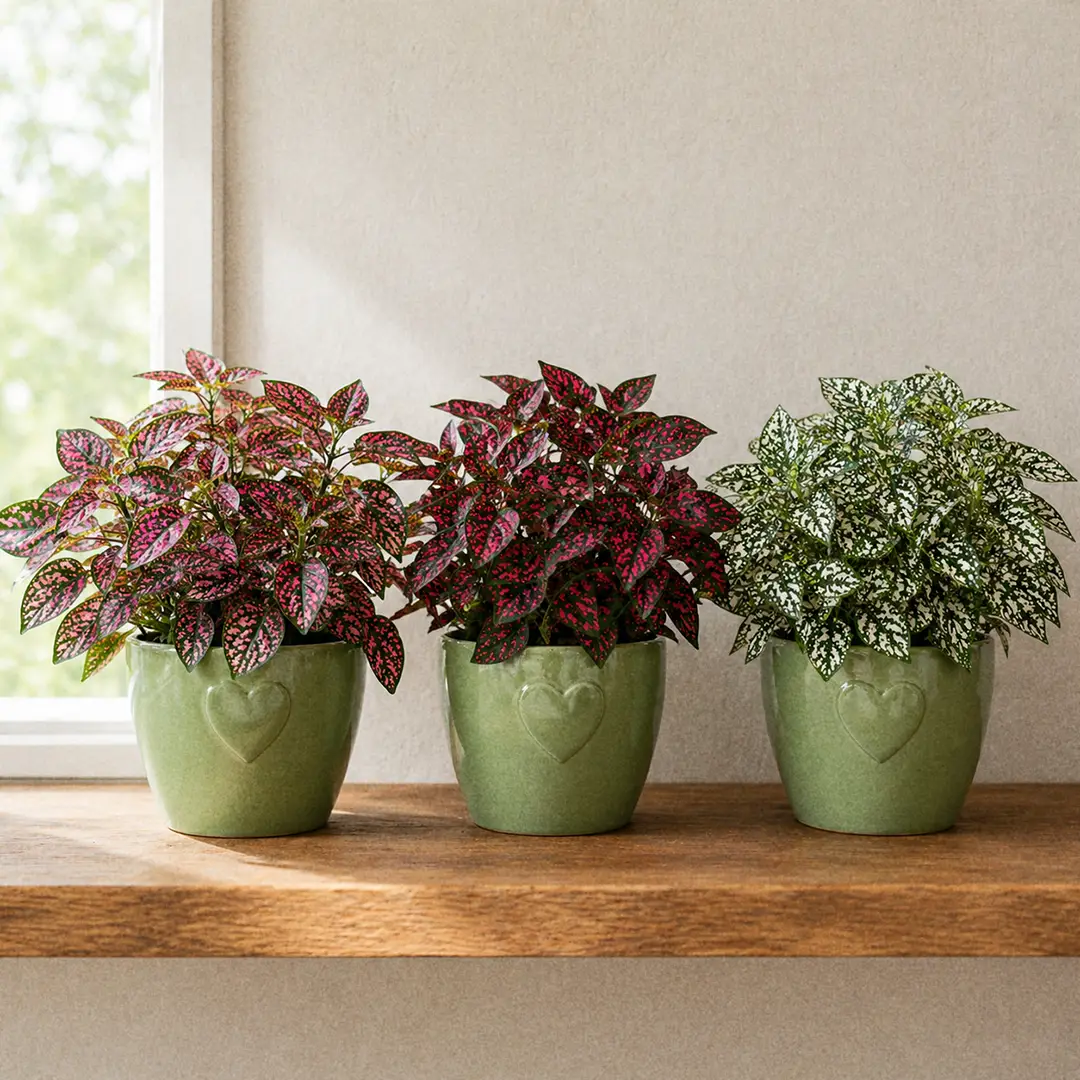 Three Polka Dot Plant varieties displayed side by side on a wooden shelf: vivid pink-spotted, deep red-spotted, and crisp white-spotted, each in a matching green ceramic pot with a heart motif, warm natural light