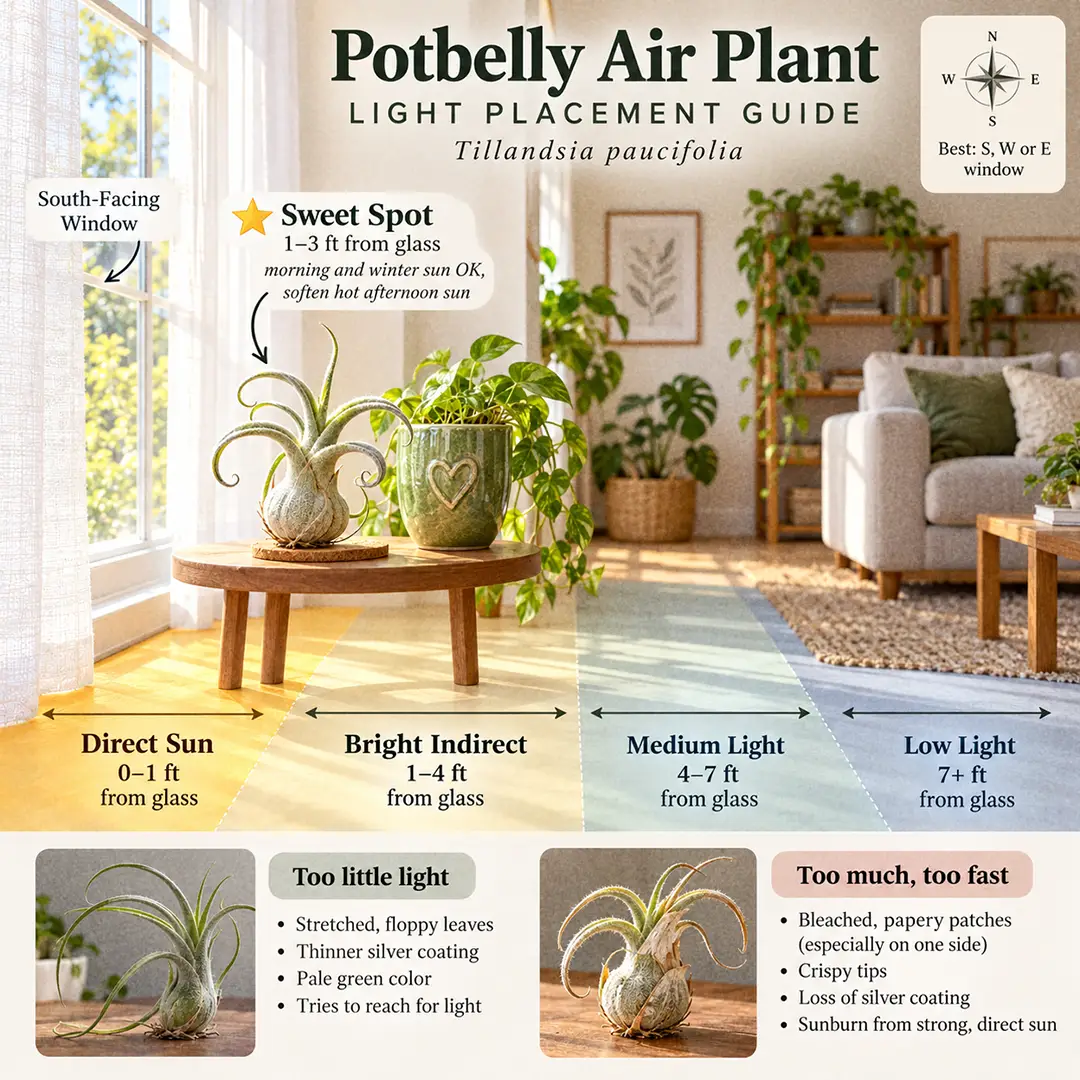 A labeled light guide diagram showing where to place a Potbelly Air Plant indoors next to a south-facing window with a sheer curtain, with direct sun, bright indirect, medium and low light zones marked, the sweet spot within one to three feet of the glass, and small thumbnails comparing a pale stretched plant with a sun-bleached one