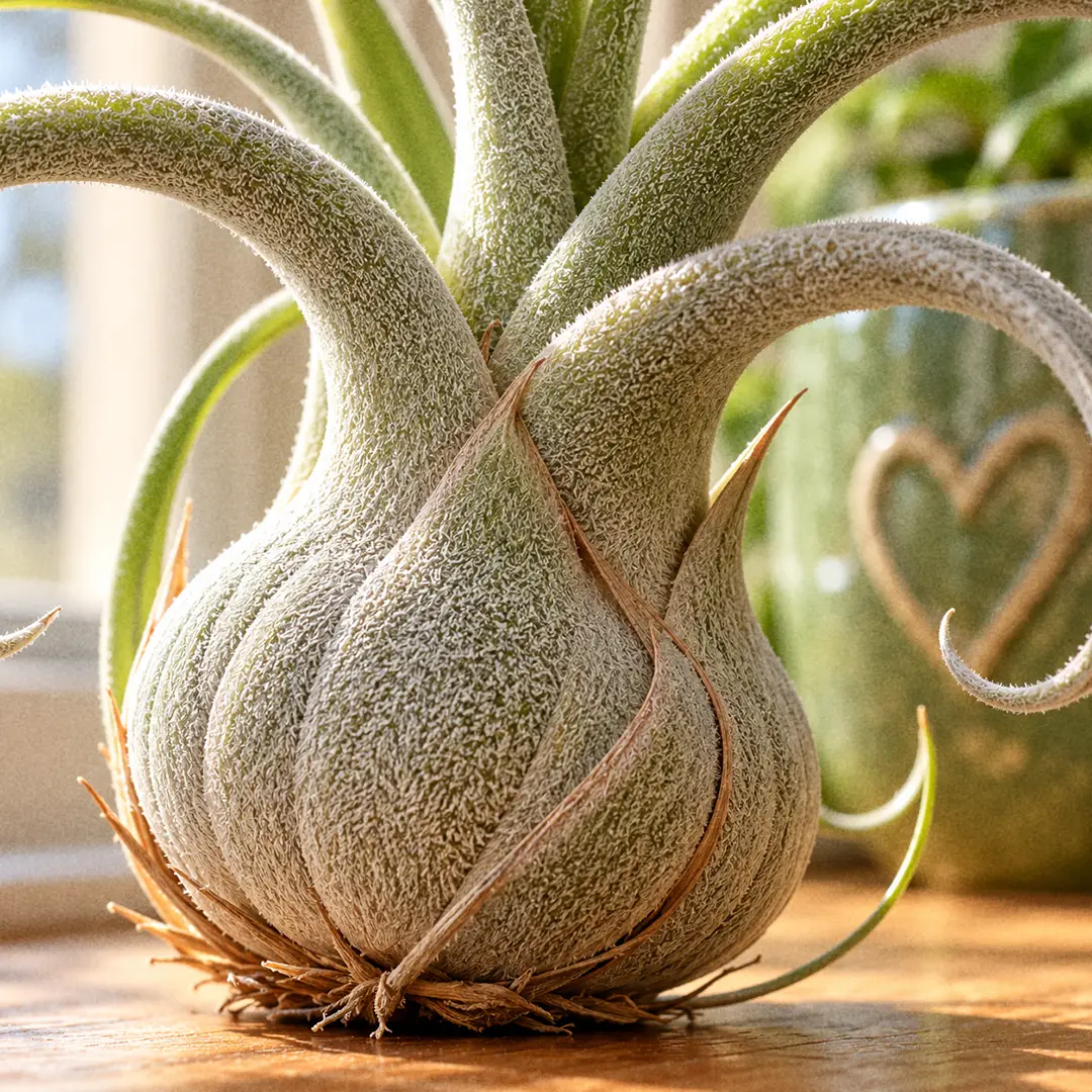 A macro close-up of a Potbelly Air Plant base showing the swollen silvery potbelly formed by overlapping leaf bases, dense fuzzy trichomes on the leaf surface, and a few stiff leaves curling outward, with a green ceramic pot with a heart motif softly blurred in the background