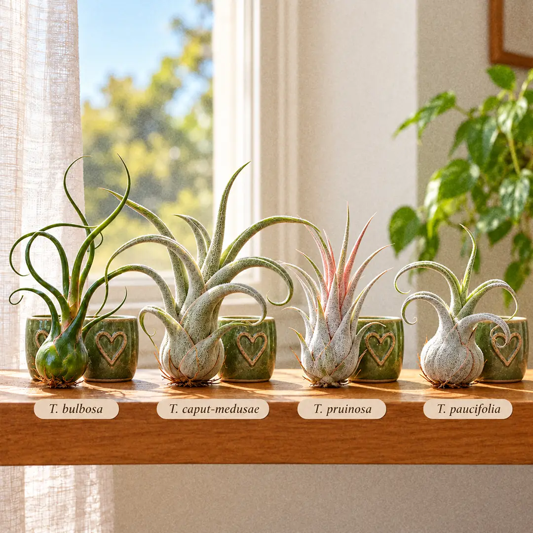 A side-by-side comparison of four bulbous air plants on a wooden shelf, each beside a green ceramic pot with a heart motif: a glossy green Bulbosa, a silver Medusa's Head with long snaking leaves, a frosted pinkish Pruinosa, and a squat silver Potbelly with a round swollen base and a few curling leaves