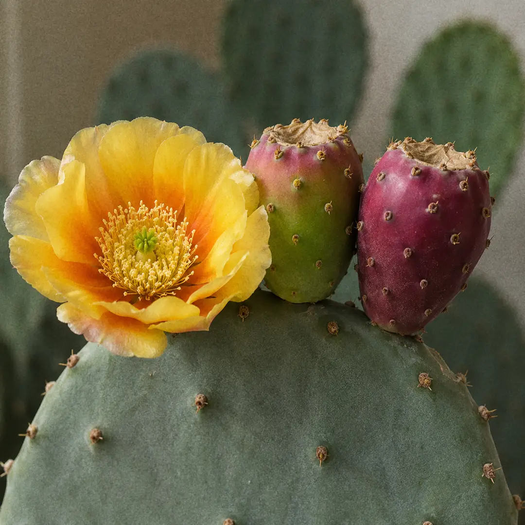 A macro close-up of a Prickly Pear cactus showing one open cup-shaped yellow-orange flower on the rim of a blue-green pad alongside two ripening magenta tuna fruits, with soft window light and a blurred background