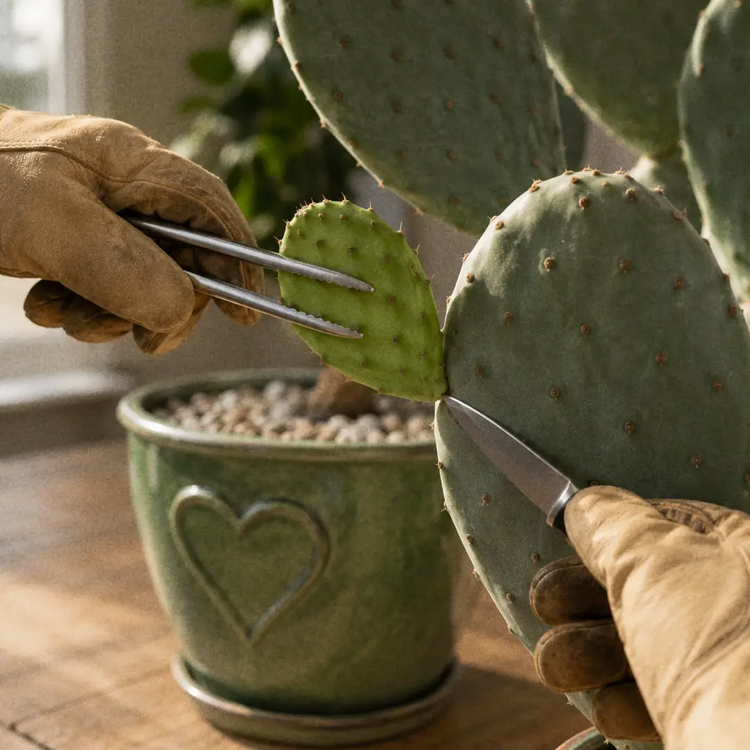 A close-up of gloved hands using kitchen tongs and a knife to cut a small bright green young Prickly Pear pad away at its joint from a larger blue-green parent pad, showing the correct harvest point