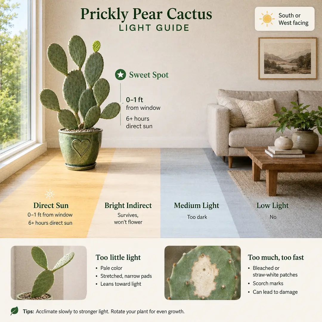 A labeled light-zone diagram showing a Prickly Pear cactus placed in the sweet spot right against a south-facing window, with colour-washed zones for direct sun, bright indirect, medium and low light, plus small icons showing pale stretched pads from too little light and bleached patches from too much