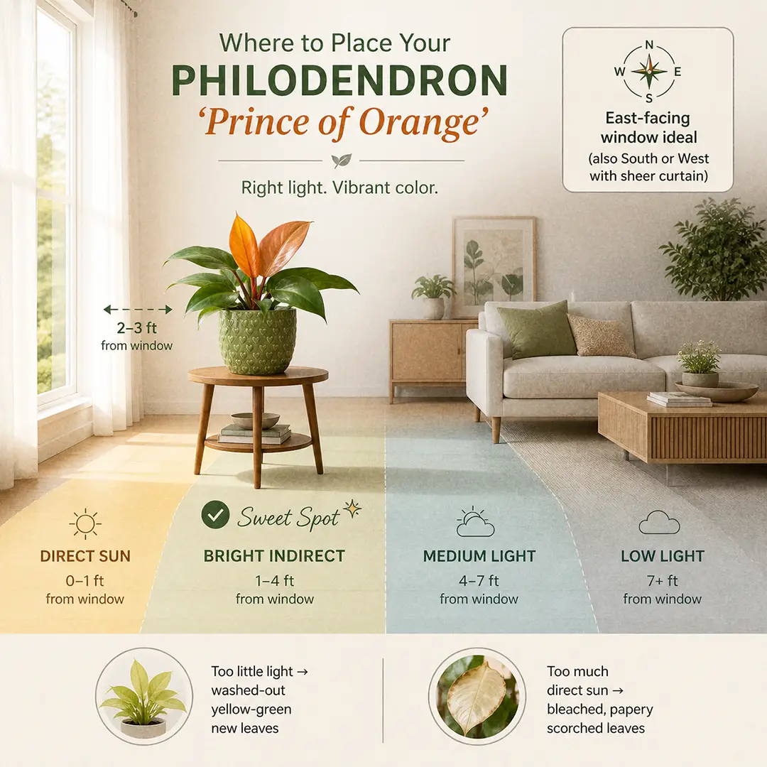 A labeled light-zone diagram showing a Prince of Orange Philodendron placed in the bright indirect zone two to three feet from an east-facing window in a warm modern living room