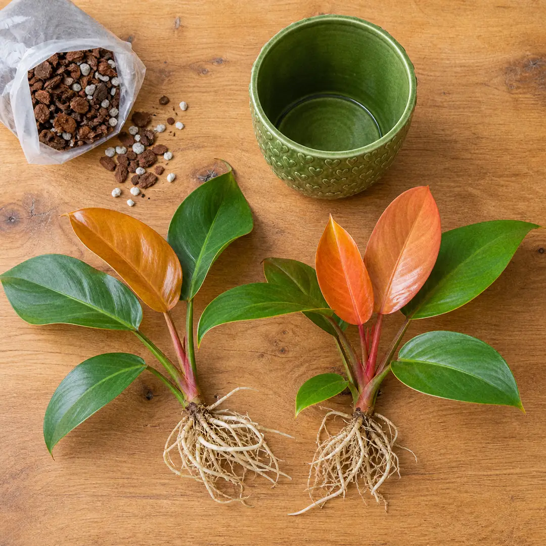 Top-down view of a divided Prince of Orange Philodendron showing two healthy crowns with white roots laid on a wooden surface beside a green ceramic pot with a heart motif and a small bag of fresh aroid mix