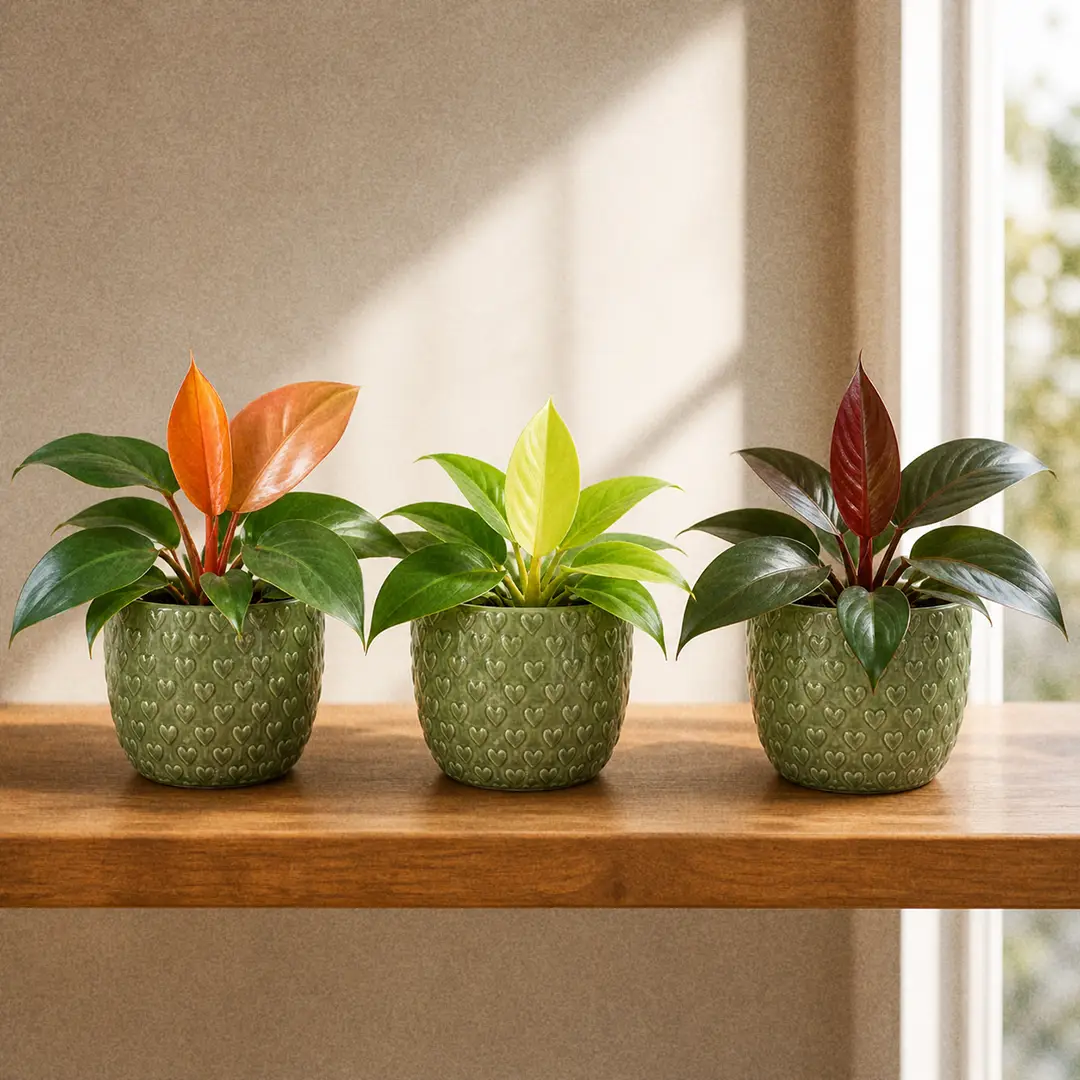 Three self-heading Philodendron varieties side by side on a wooden shelf in matching green ceramic pots with heart motifs: Prince of Orange with bright orange new growth, Moonlight with chartreuse leaves, and McColley's Finale with red emerging leaves