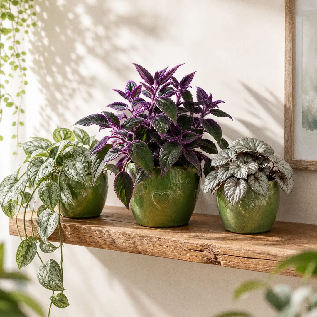 A styled wooden shelf with a vivid Purple Passion plant in a green ceramic pot with a heart motif as the focal point, set beside a silver-leaved Aluminum Plant and a trailing Satin Pothos Exotica, soft natural light from the side, neutral wall in the background