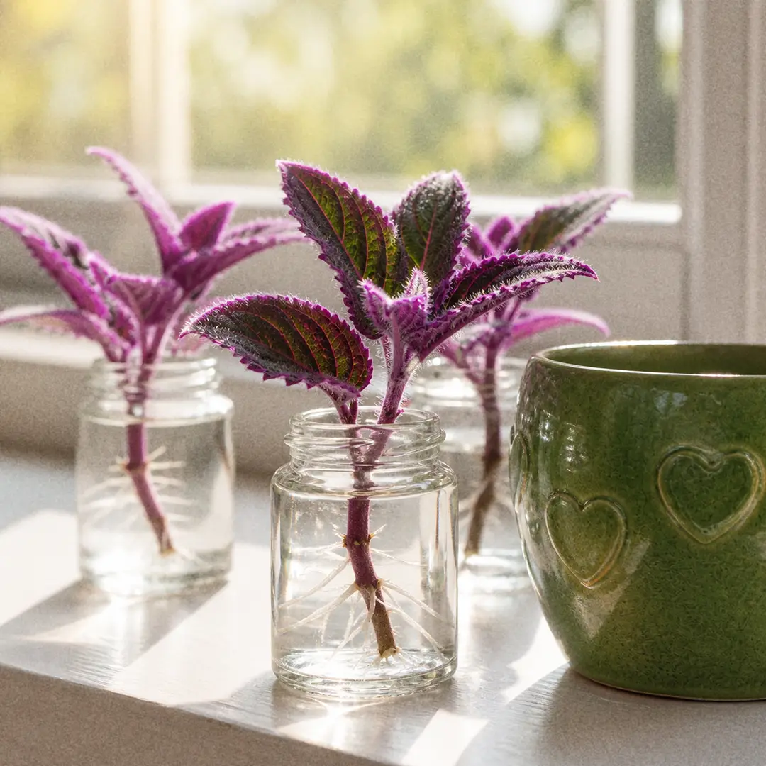 Several Purple Passion stem cuttings sitting in small glass jars of clear water on a sunlit windowsill, fine white roots visible at the submerged nodes after about two weeks, fuzzy violet leaves above the waterline, soft morning light