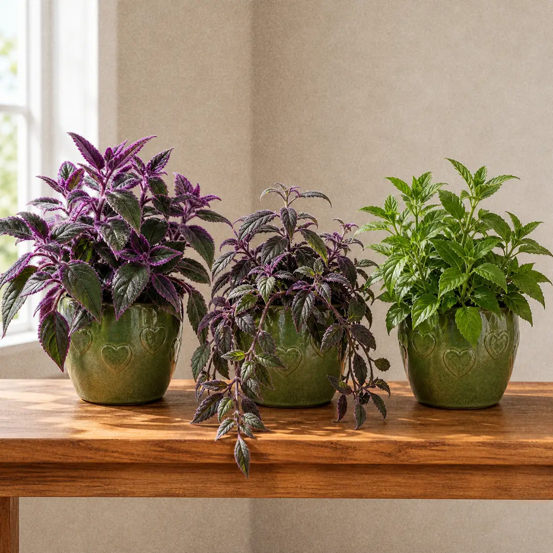 Three Purple Passion variety pots displayed side by side on a wooden shelf: standard upright Gynura aurantiaca, the more trailing Sarmentosa form, and the related Gynura procumbens with its plain greener leaves, each in matching green ceramic pots with a heart motif, soft window light