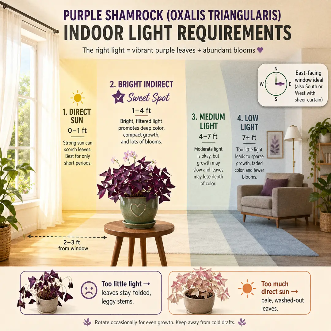 Purple Shamrock placed near a sheer-curtained window with bright filtered daylight illuminating its triangular burgundy leaves in a green ceramic pot with a heart motif